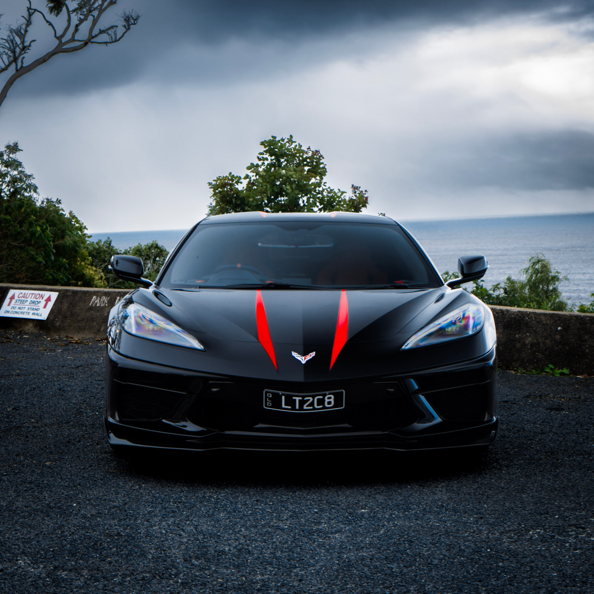 Black Corvette C8 head-on at a stormy clifftop lookout