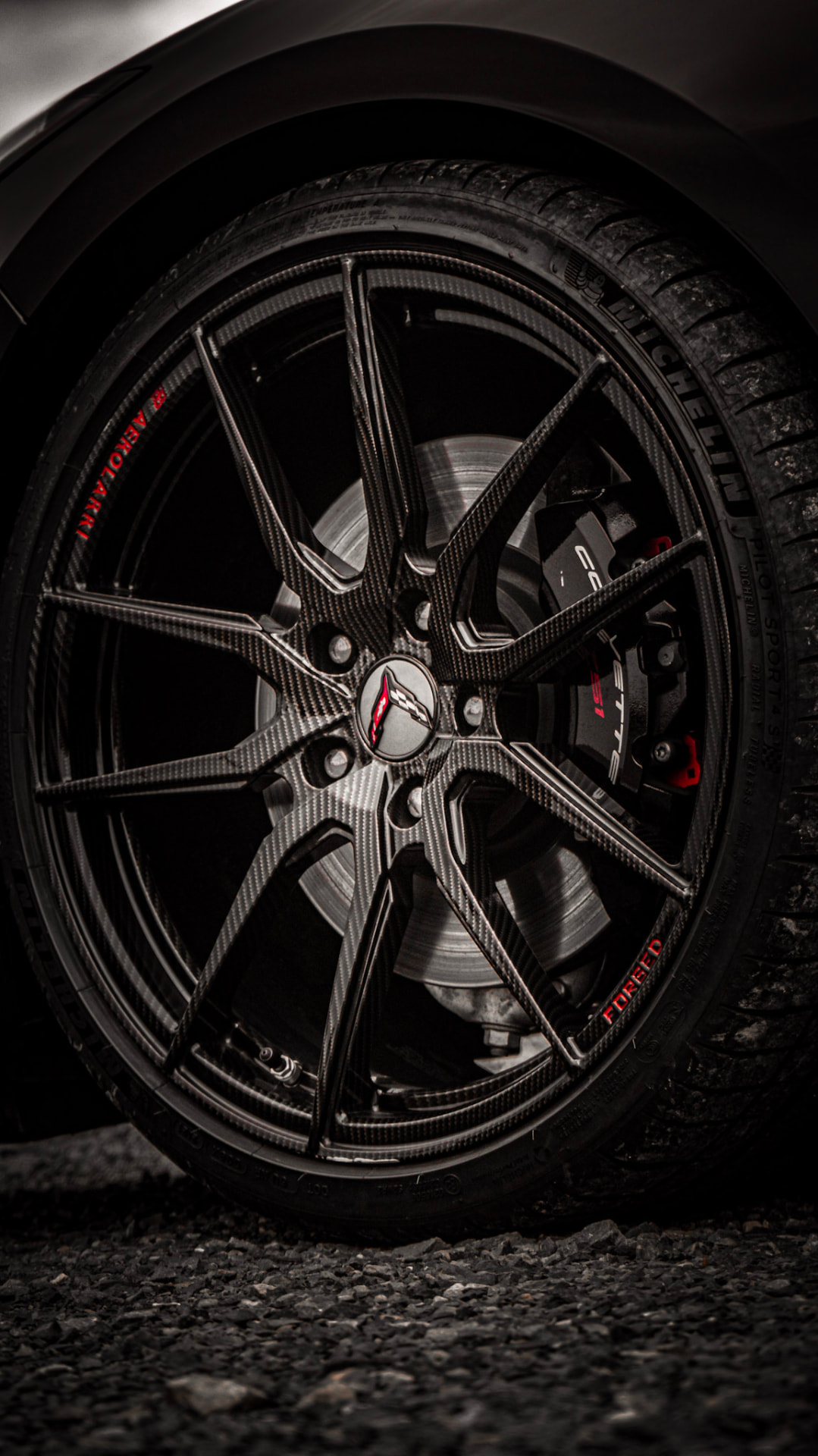Carbon forged Corvette wheel and drilled brake disc